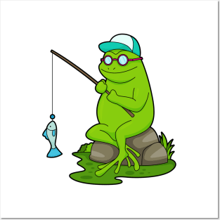 Frog as Fisher with Fishing rod & Fish Posters and Art
